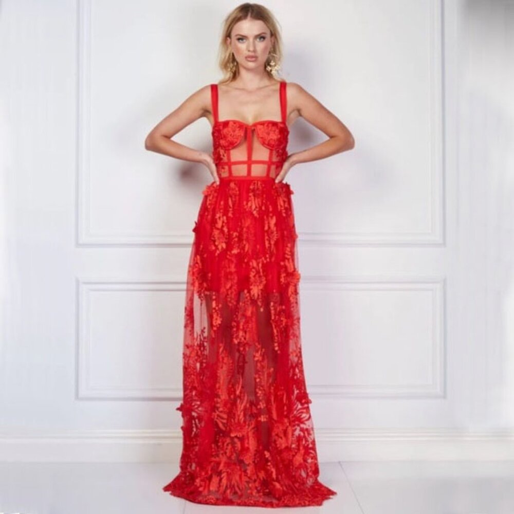 BLITHE RED FLORAL EMBROIDERED SHEER MESH BANDAGE BUSTIER CORSET MAXI  DRESS L